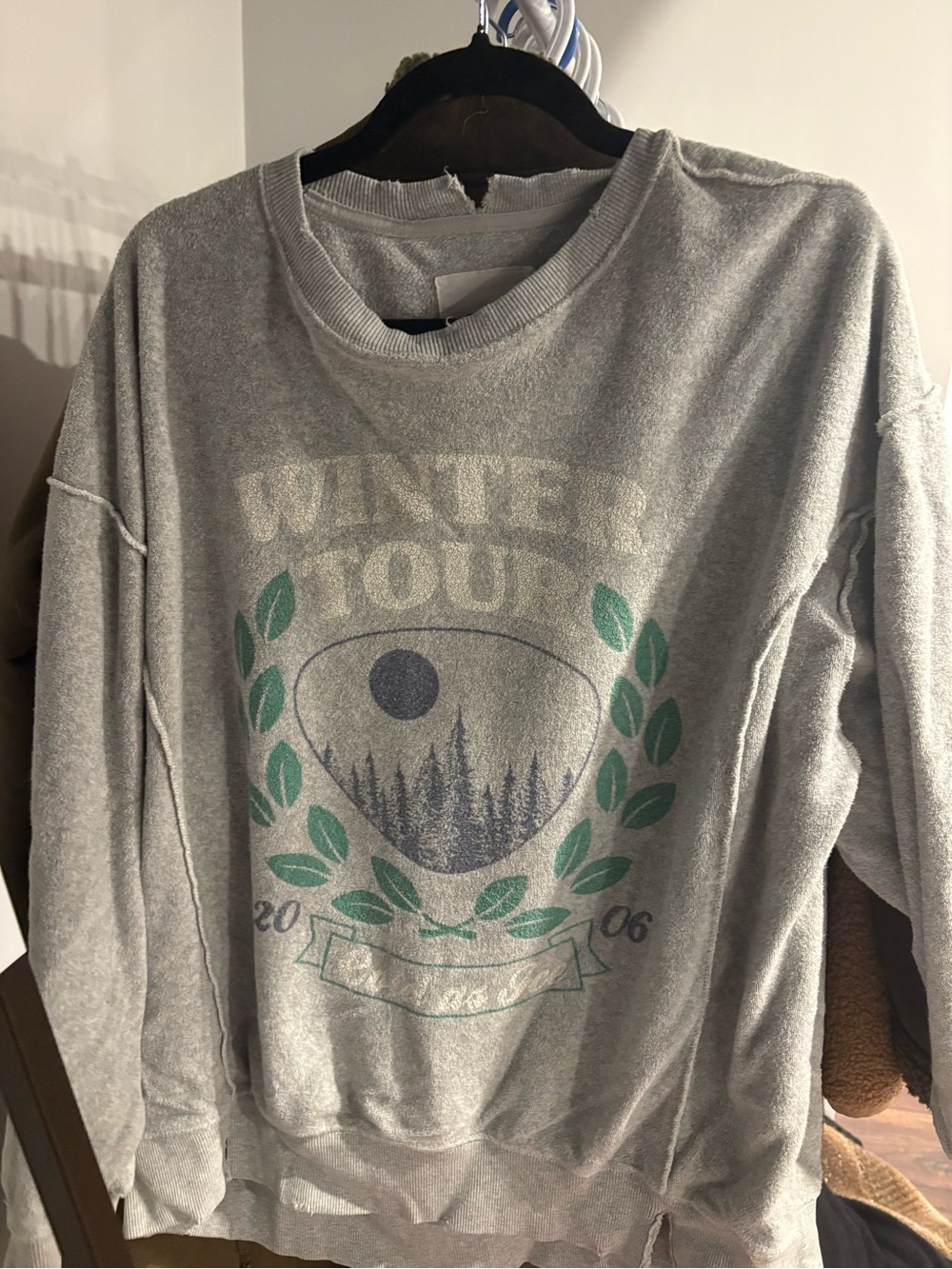 aerie Gray 'Winter Tour' Graphic Crewneck Sweatshirt with Green Accents